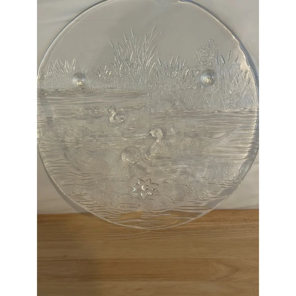 Studio Nova Walther Glas Woodland Duck Pond Scene Platter West Germany Clear